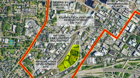 An aerial photo showing a large portion of South Downtown Atlanta in colored circles and yellow highlights near pro sports stadiums.