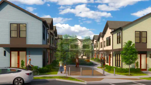 A rendering showing a large new housing development under blue skies in southwest Atlanta near a wide street. 