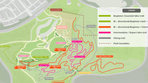 An image showing a large swath of woods remade into a mountain bike park on the Westside of Atlanta with many trails and features.