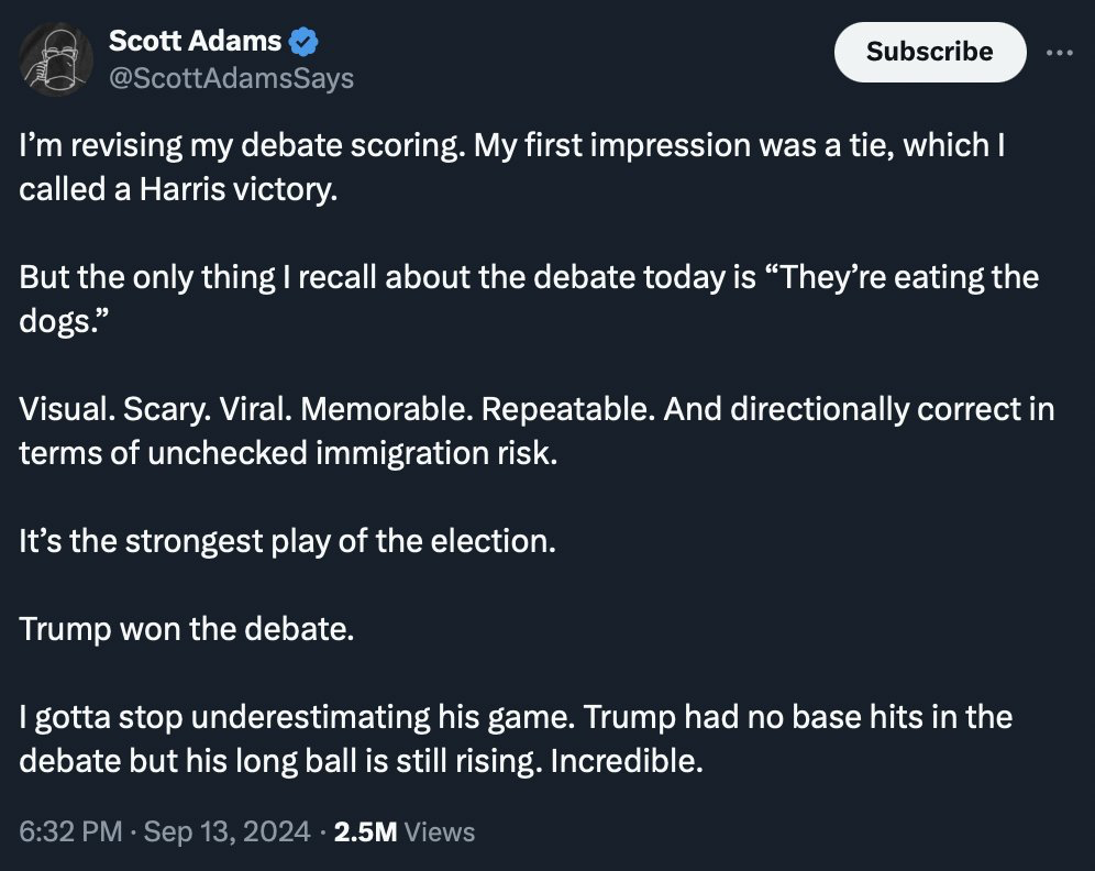 screenshot of a scott adams, the creator of dilbert, tweeting insane thoughts about the US presidential debate