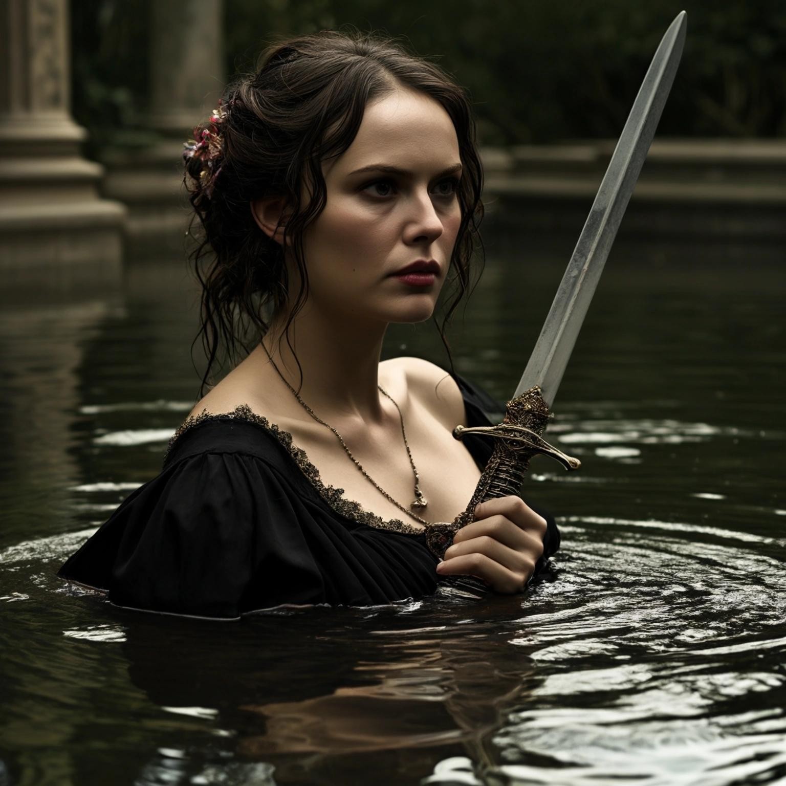 Image with seed 1350921887 generated via Stable Diffusion through @stablehorde@sigmoid.social. Prompt: Listen. Strange women lying in ponds distributing swords is no basis for a system of government. Supreme executive power derives from a mandate from the masses, not from some farcical aquatic ceremony.