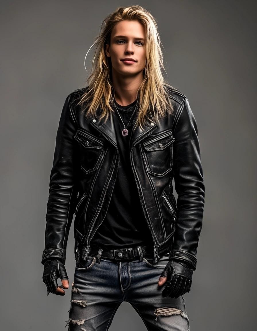 Image with seed 4048149280 generated via Stable Diffusion through @stablehorde@sigmoid.social. Prompt: a tall, slender, handsome male headbanger from Austria, young man, long blond hair, beautiful eyes, boyish smile, black leather jacket, torn jeans, biker boots, heavy metal 