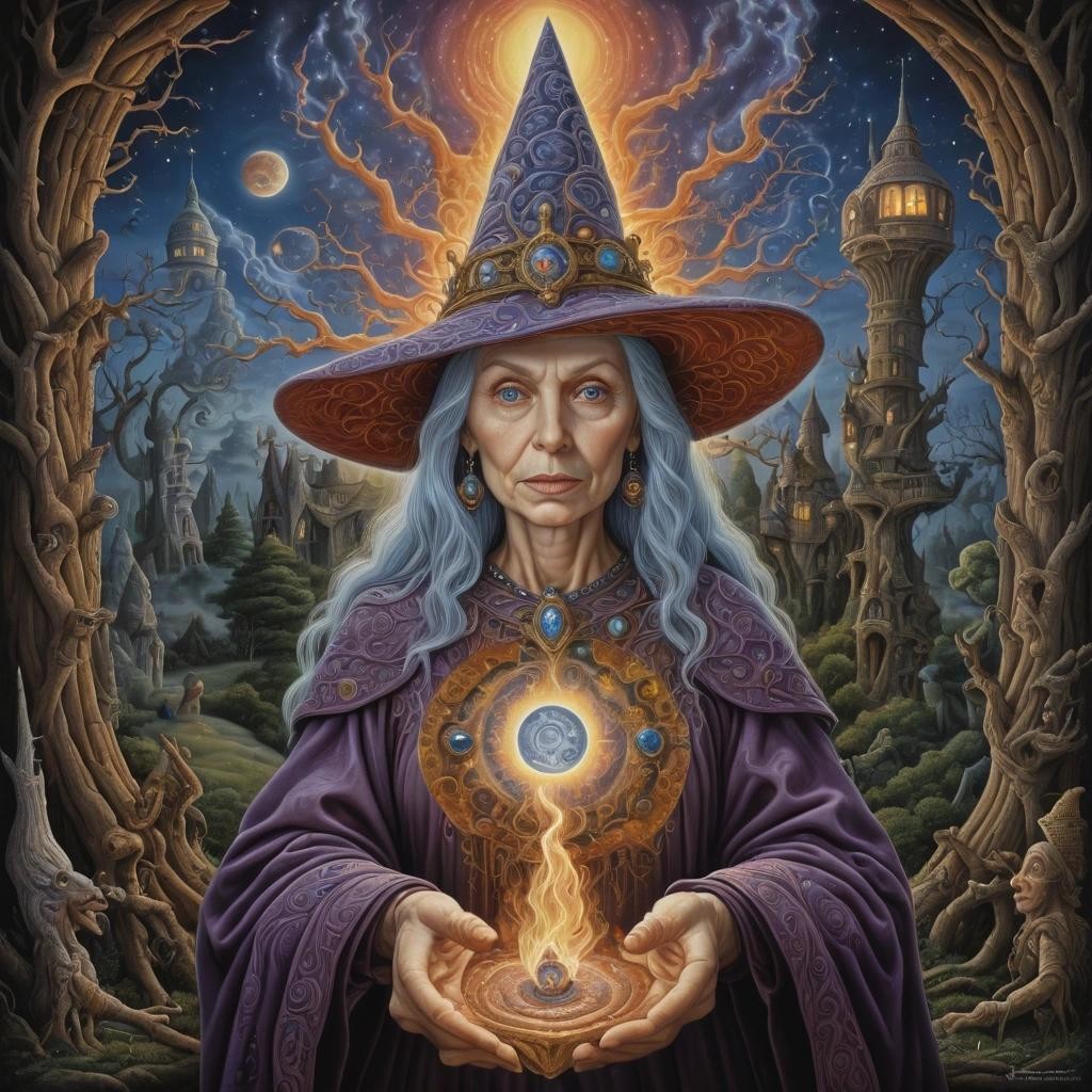 Image with seed 3527844691 generated via Stable Diffusion through @stablehorde@sigmoid.social. Prompt: The Wise Witch, Hulda Brimm of Oldwynton , fantasy, intricate, oil on canvas, dynamic lighting, ultra detailed, Jacek Yerka, Alex Grey, Thomas Hart Benton 