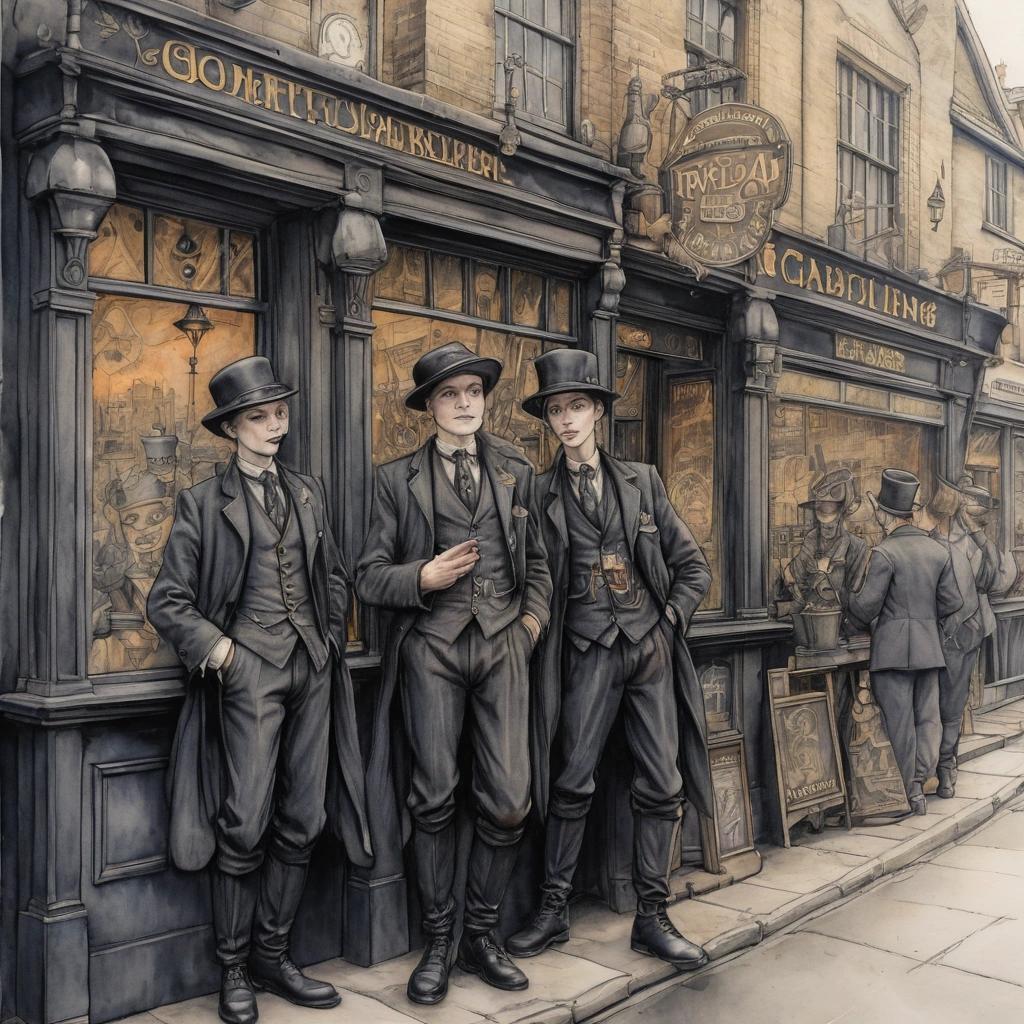 Image with seed 1005997803 generated via Stable Diffusion through @stablehorde@sigmoid.social. Prompt: 1912 Dieselpunk Fairies in front of a pub in fantasy London wearing bowler hats, comic book drawing, watercolour on black ink drawing 