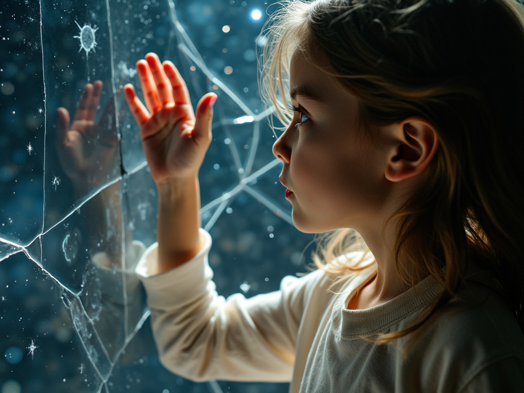 AI result of "A close-up view of a girl looking through a wall of glass with her right hand touching the glass wall. Behind the glass wall, there's space with stars visible. The glass wall is slightly cracked, creating a prism of light."