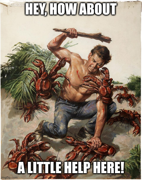 man fighting off crabs