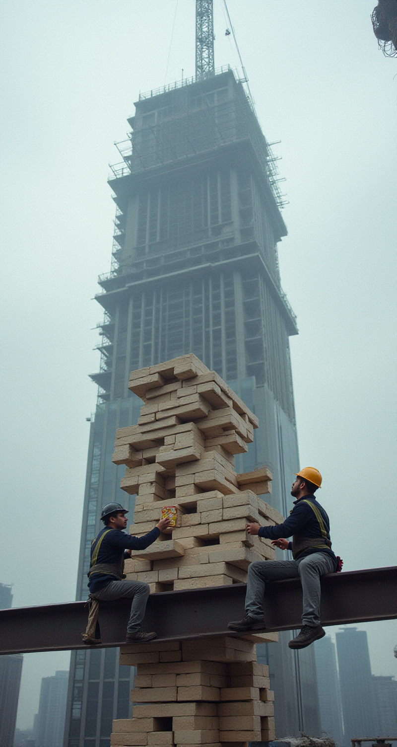 The image shows two construction workers sitting on a girder high above the ground, playing a giant game of Jenga with oversized wooden blocks. The setting is an urban environment with another large building under construction in the background, enveloped in fog.