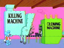 Itchy and scratchy, Itchy has his coming machine set up with a conveyor belt into his killing machine.