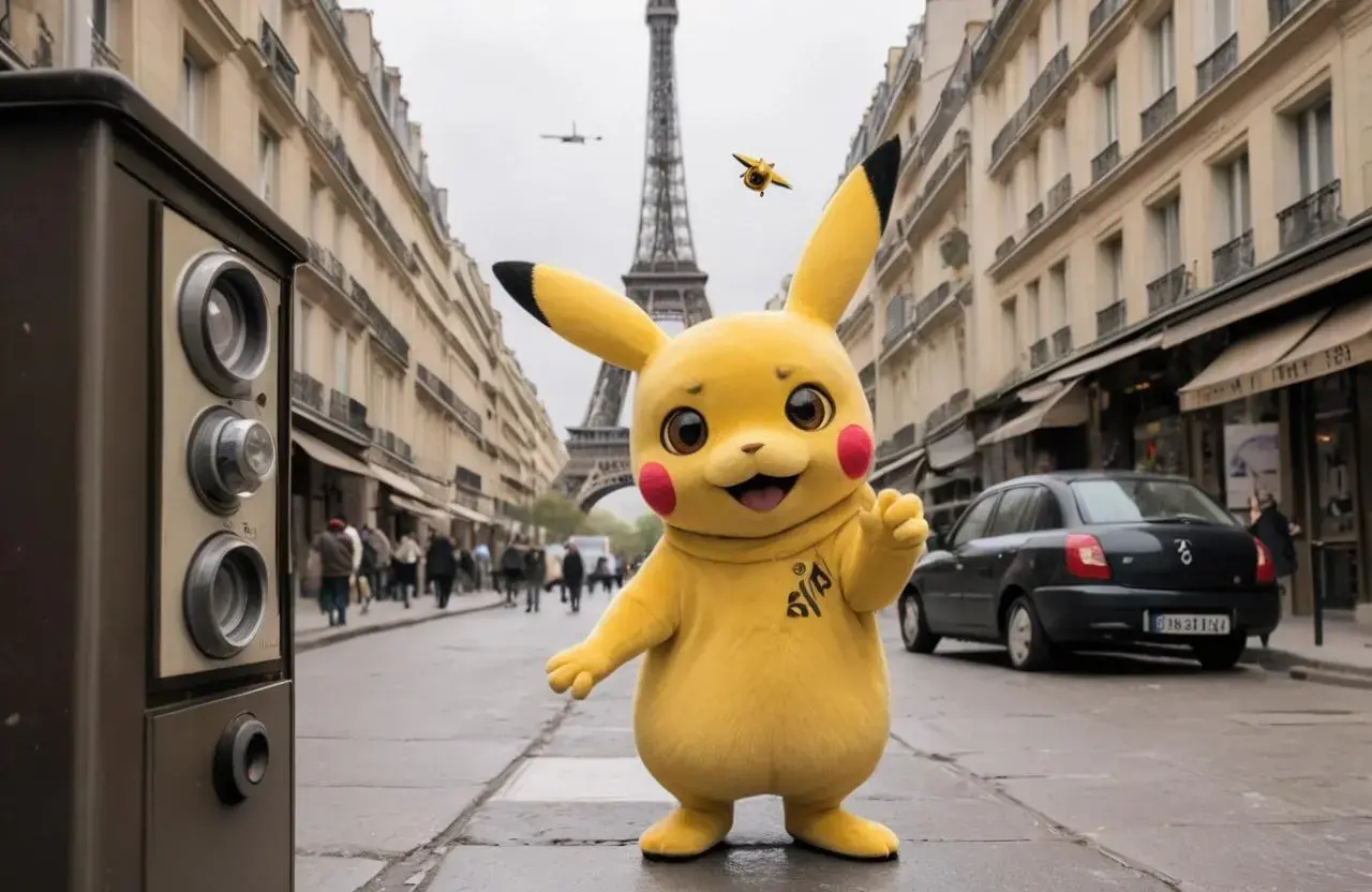 Image with seed 2756399975 generated via AI Horde through @aihorde@lemmy.dbzer0.com. Prompt: A souvenir postcard, a scene set in the street of  paris, the eiffel tower in the background, several surveillance cameras are on the walls, the subject is one surprized pikachu wearing a Nazi uniform ###, lowres, cropped, cgi, pixelated, padding, border