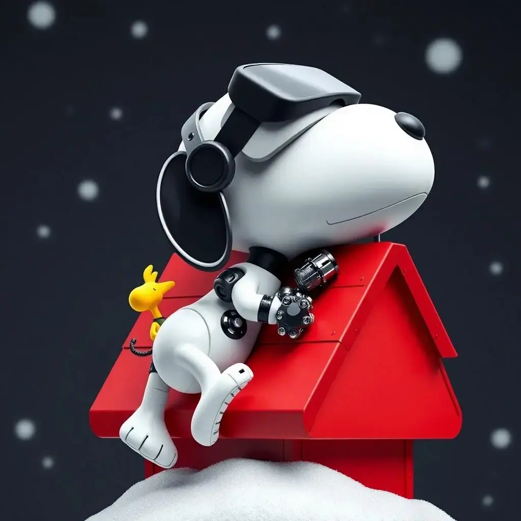 Image with seed 1626184074 generated via AI Horde through @aihorde@lemmy.dbzer0.com. Prompt: a robot Snoopy sleeping on his back on his red doghouse alongside Woodstock #VR #glasses #mask