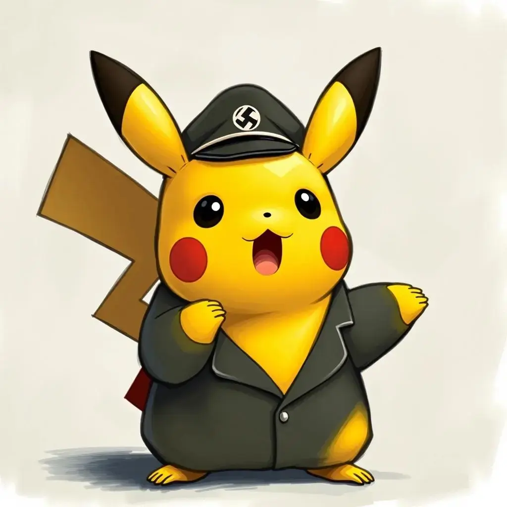 Image with seed 1529368530 generated via AI Horde through @aihorde@lemmy.dbzer0.com. Prompt: a surprised pikachu in a Nazi uniform