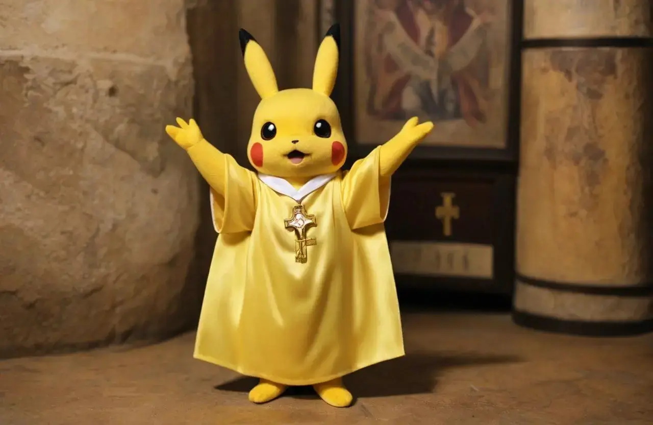 Image with seed 2371798898 generated via AI Horde through @aihorde@lemmy.dbzer0.com. Prompt: A souvenir postcard, a surprised pikachu in a catholic priest robe ###, lowres, cropped, cgi, pixelated, padding, border