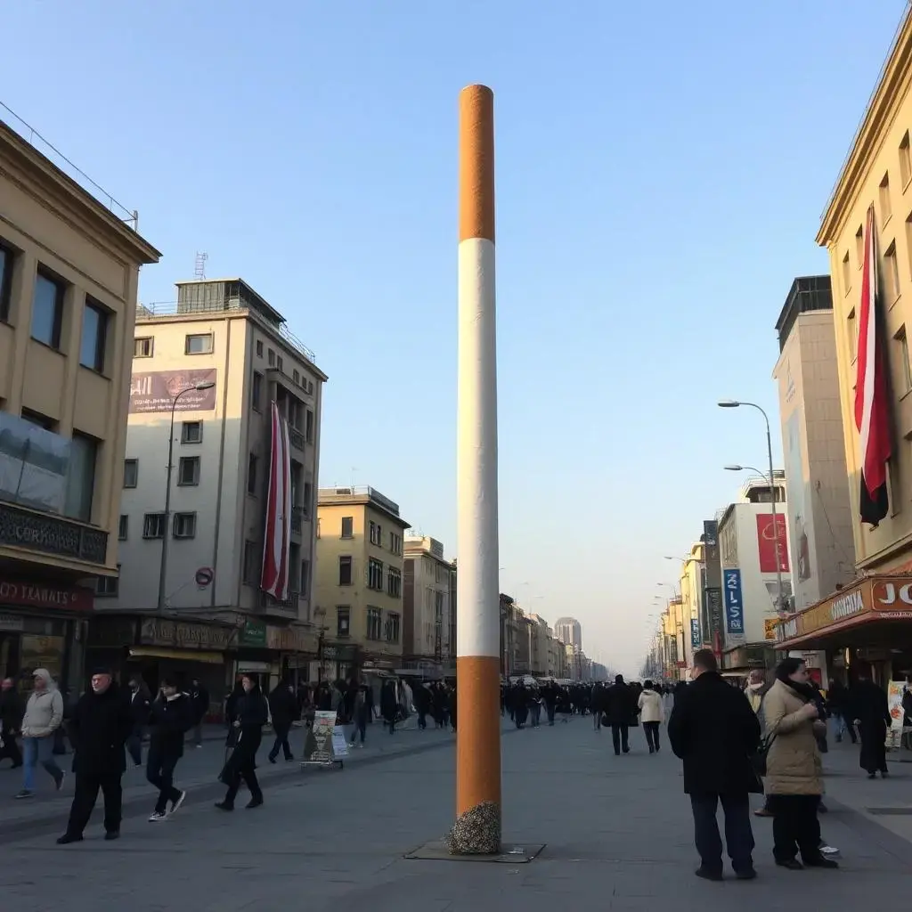 Image with seed 4062902977 generated via AI Horde through @aihorde@lemmy.dbzer0.com. Prompt: a giagantic cigarette standing in an iranian city