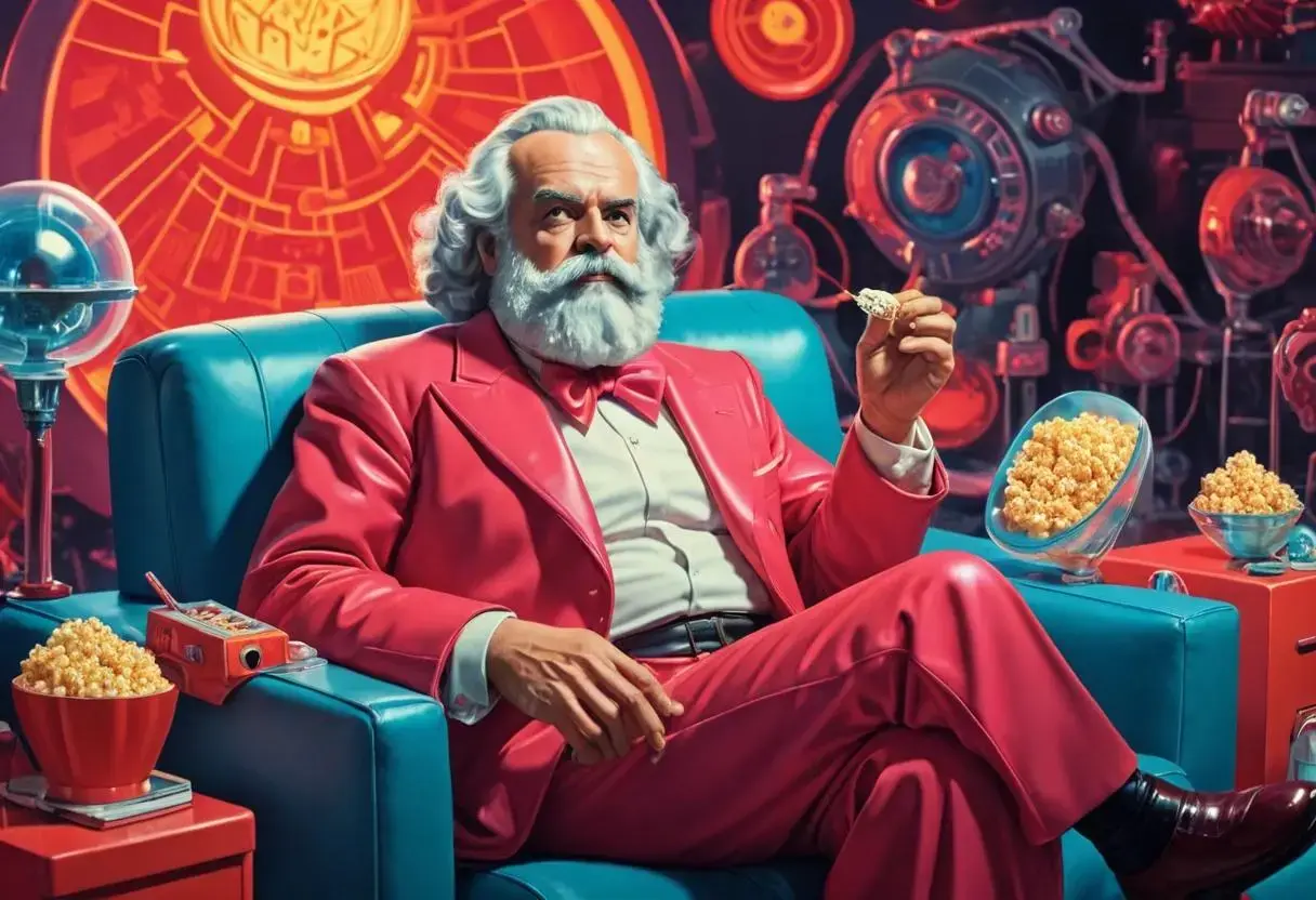 Image with seed 2601528035 generated via AI Horde through @aihorde@lemmy.dbzer0.com. Prompt: retro-futuristic Karl Marx, Marx is sitting in a sofa, Marx is eating popcorn  . vintage sci-fi, 50s and 60s style, atomic age, vibrant, highly detailed###, contemporary, realistic, rustic, primitive