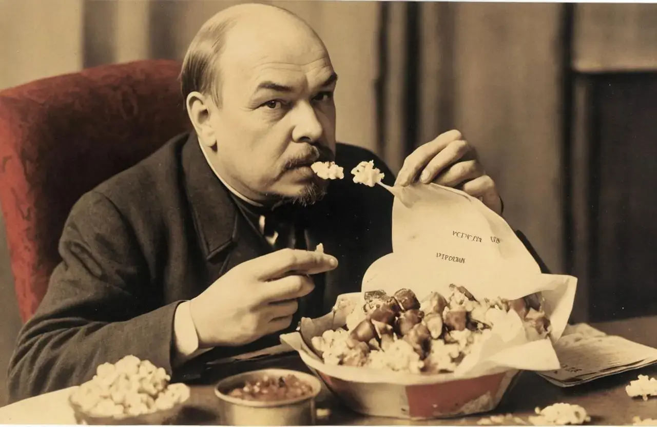 Image with seed 204952711 generated via AI Horde through @aihorde@lemmy.dbzer0.com. Prompt: A souvenir postcard, Lenin eating popcorn ###, lowres, cropped, cgi, pixelated, padding, border