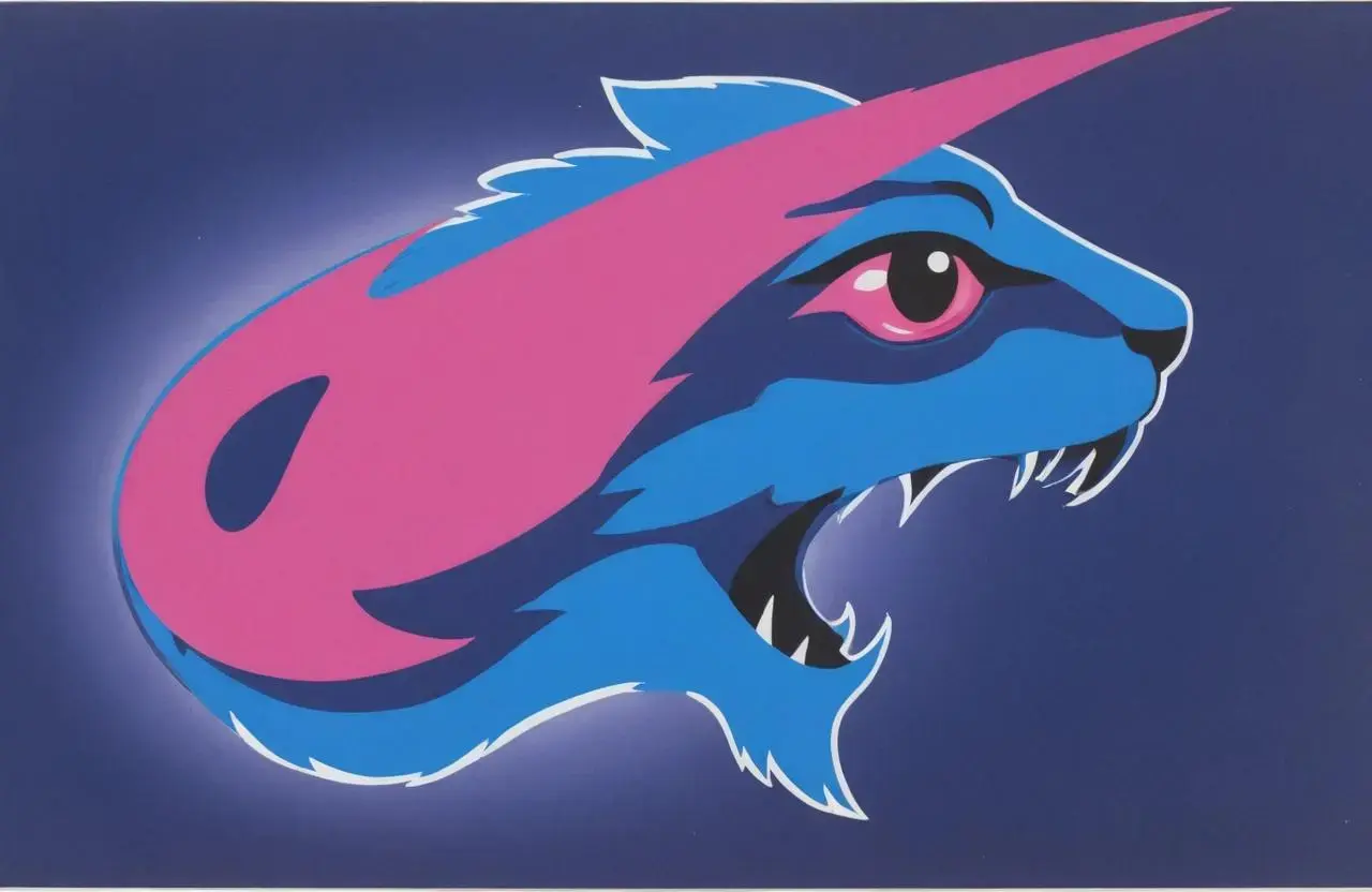 Image with seed 3523366732 generated via AI Horde through @aihorde@lemmy.dbzer0.com. Prompt: A souvenir postcard, a logo, a blue panther profile with a pink lightening bolt across the eye. ###, lowres, cropped, cgi, pixelated, padding, border