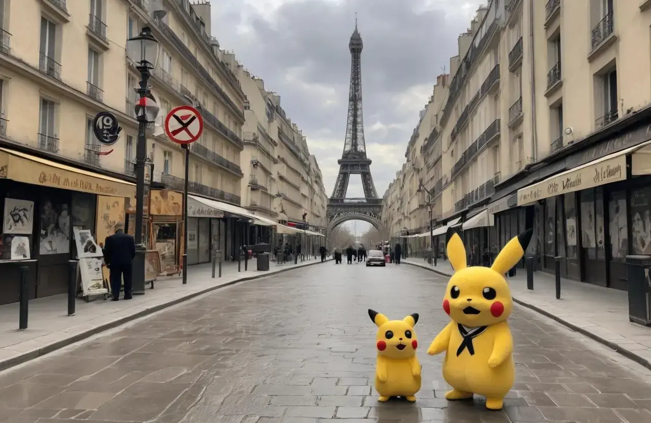 Image with seed 3469485750 generated via AI Horde through @aihorde@lemmy.dbzer0.com. Prompt: A souvenir postcard, a scene set in the street of  paris, the eiffel tower in the background, several surveillance videocameras are on the walls, the subject is a single surprized nazi pikachu dressed in a Nazi uniform ###, lowres, cropped, cgi, pixelated, padding, border