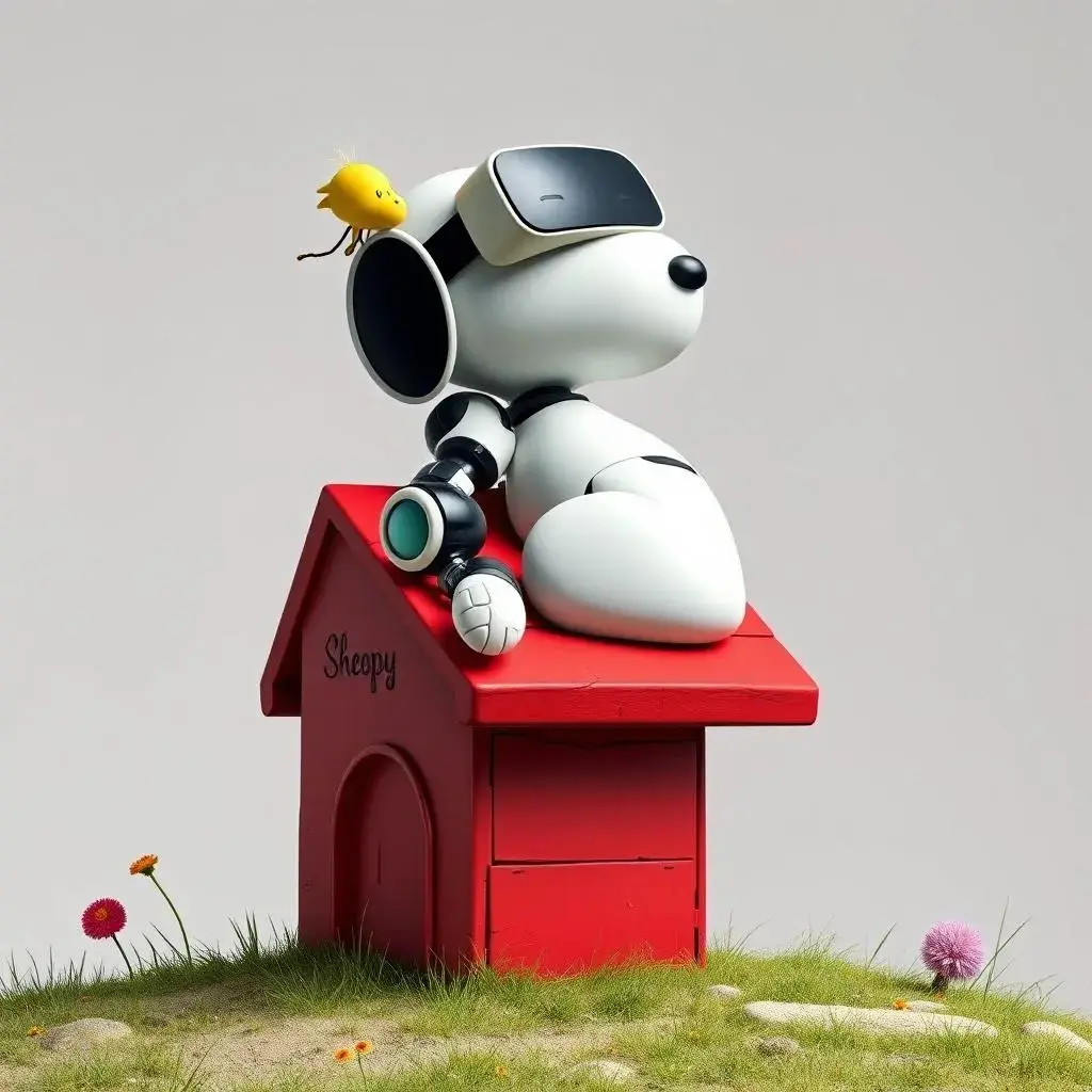 Image with seed 226981851 generated via AI Horde through @aihorde@lemmy.dbzer0.com. Prompt: Snoopy as a robot sleeping on the top of a red doghouse alongside Woodstock #VR