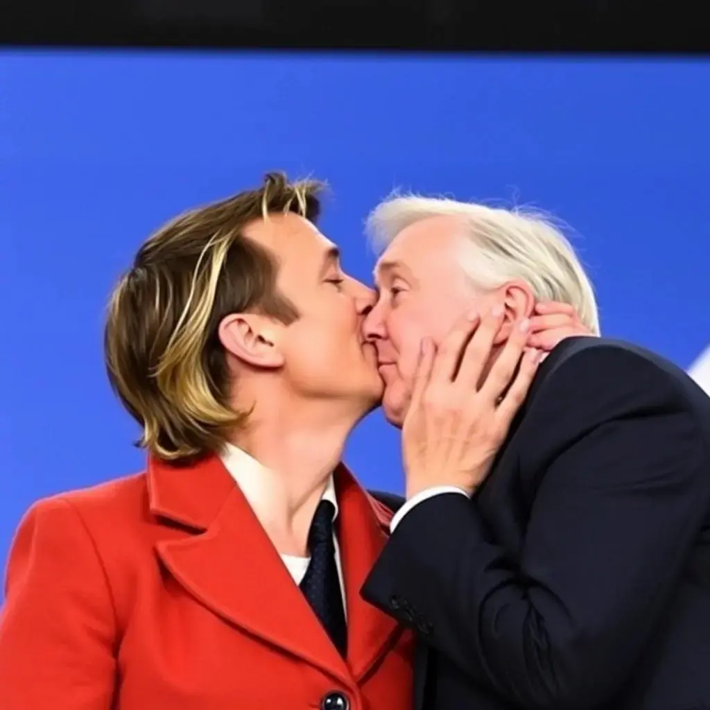 Image with seed 723876757 generated via AI Horde through @aihorde@lemmy.dbzer0.com. Prompt: Emmanuel Macron kissing Marine  Le Pen