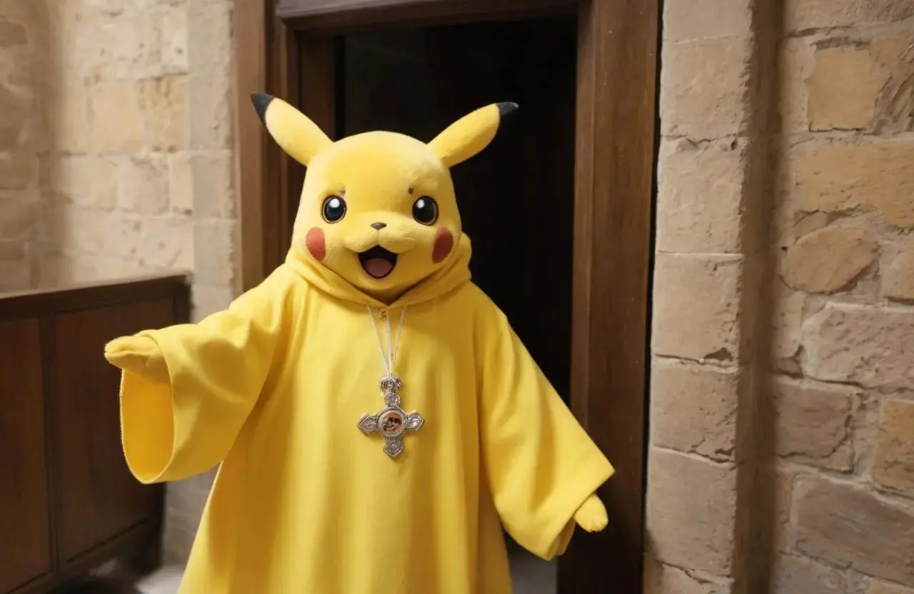 Image with seed 2371798898 generated via AI Horde through @aihorde@lemmy.dbzer0.com. Prompt: A souvenir postcard, a surprised pikachu in a catholic priest robe ###, lowres, cropped, cgi, pixelated, padding, border