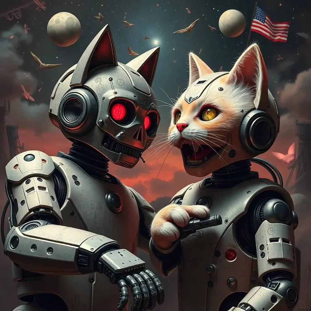 Image with seed 2903565278 generated via AI Horde through @aihorde@lemmy.dbzer0.com. Prompt: misprogrammed bots making surrealistic space for violence in America -- now with kitties!