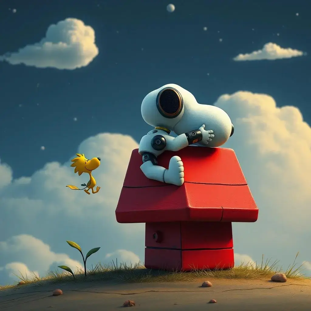 Image with seed 226981851 generated via AI Horde through @aihorde@lemmy.dbzer0.com. Prompt: Snoopy as a robot sleeping on the top of a red doghouse alongside Woodstock #VR