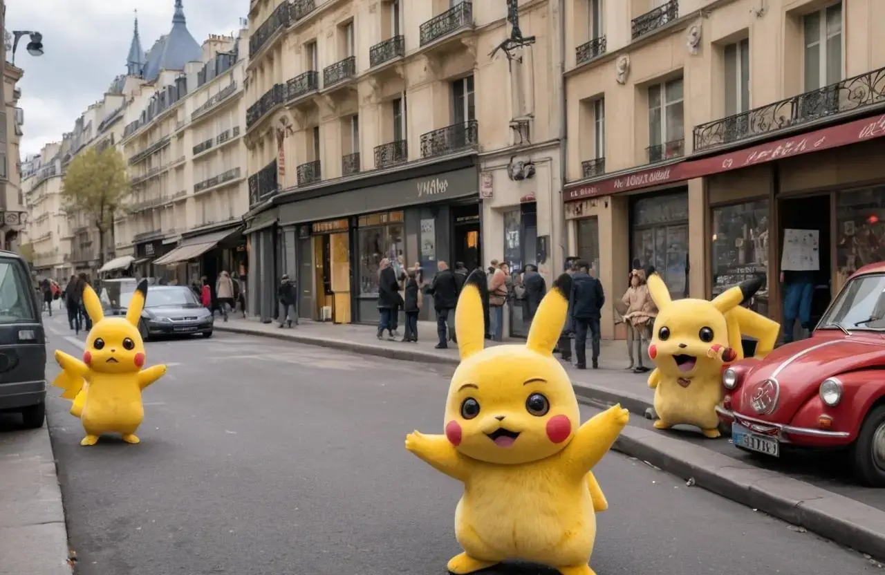 Image with seed 2756399975 generated via AI Horde through @aihorde@lemmy.dbzer0.com. Prompt: A souvenir postcard, a scene set in the street of  paris, the eiffel tower in the background, several surveillance cameras are on the walls, the subject is one surprized pikachu wearing a Nazi uniform ###, lowres, cropped, cgi, pixelated, padding, border