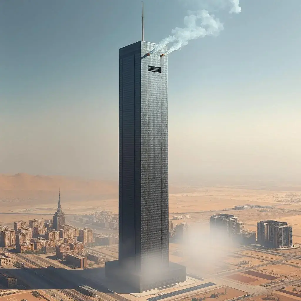 Image with seed 1629635480 generated via AI Horde through @aihorde@lemmy.dbzer0.com. Prompt: a skyscraper cigarette in an iranian landscape 