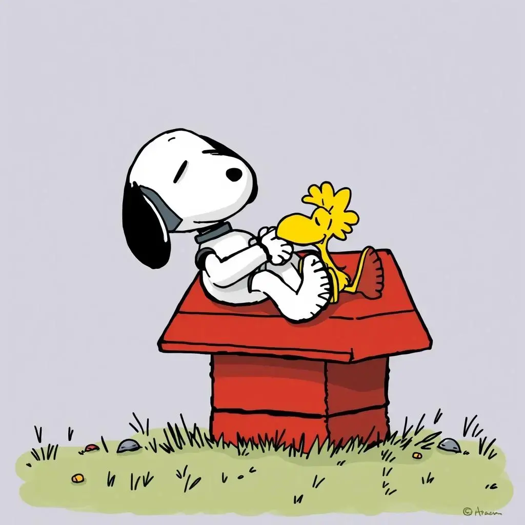 Image with seed 1638063918 generated via AI Horde through @aihorde@lemmy.dbzer0.com. Prompt: Snoopy as a robot sleeping on his red doghouse alongside Woodstock###VR,glasses,mask