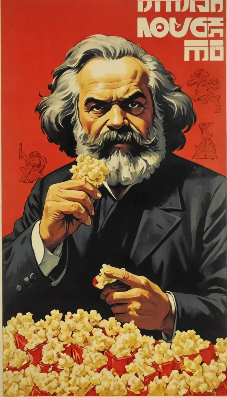 Image with seed 3330638534 generated via AI Horde through @aihorde@lemmy.dbzer0.com. Prompt: USSR soviet propaganda poster, Karl Marx eating popcorn ###photorealistic, cute, modern,