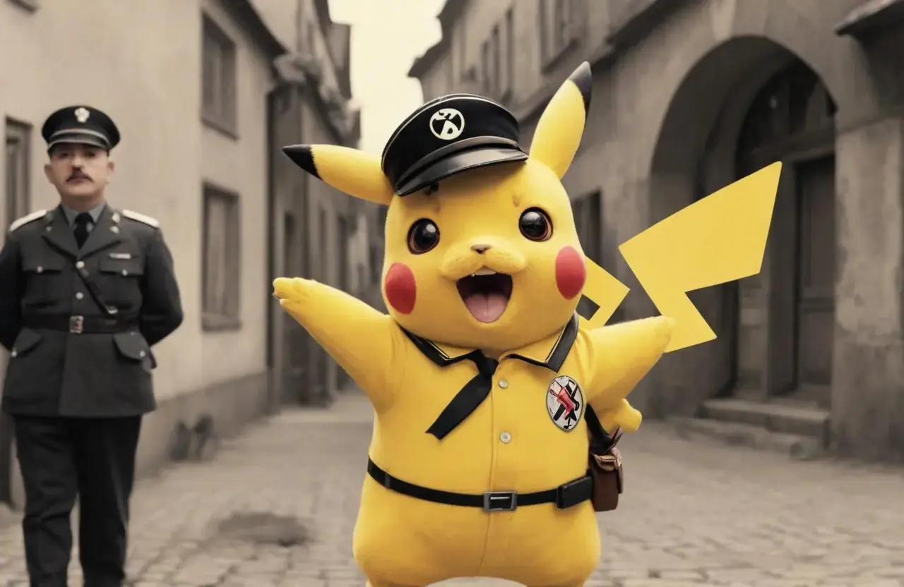 Image with seed 855654850 generated via AI Horde through @aihorde@lemmy.dbzer0.com. Prompt: A souvenir postcard, a surprised pikachu in a Nazi uniform ###, lowres, cropped, cgi, pixelated, padding, border