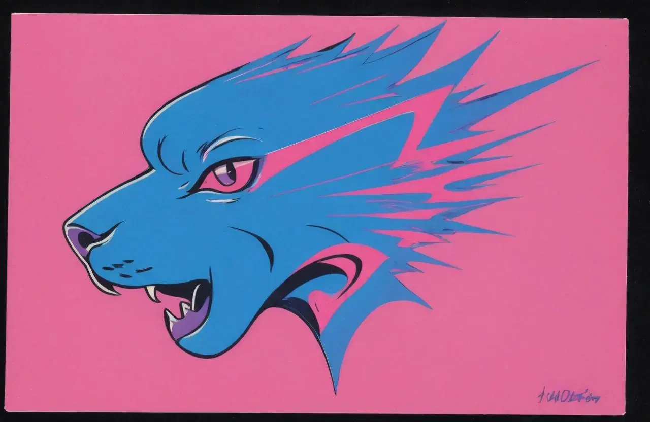 Image with seed 3523366732 generated via AI Horde through @aihorde@lemmy.dbzer0.com. Prompt: A souvenir postcard, a logo, a blue panther profile with a pink lightening bolt across the eye. ###, lowres, cropped, cgi, pixelated, padding, border