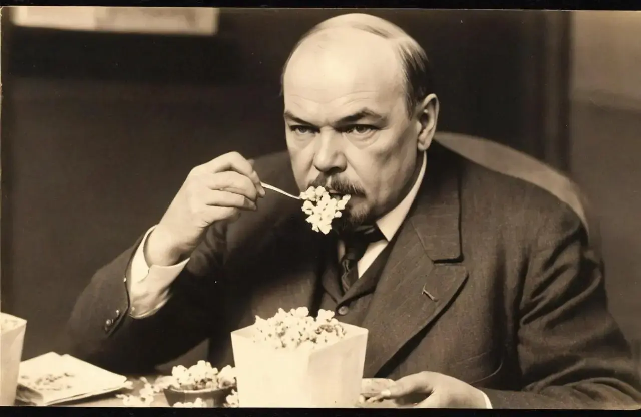 Image with seed 3618912068 generated via AI Horde through @aihorde@lemmy.dbzer0.com. Prompt: A souvenir postcard, Lenin eating popcorn ###, lowres, cropped, cgi, pixelated, padding, border