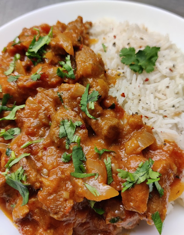 Close-up of TVP tikka masala dish