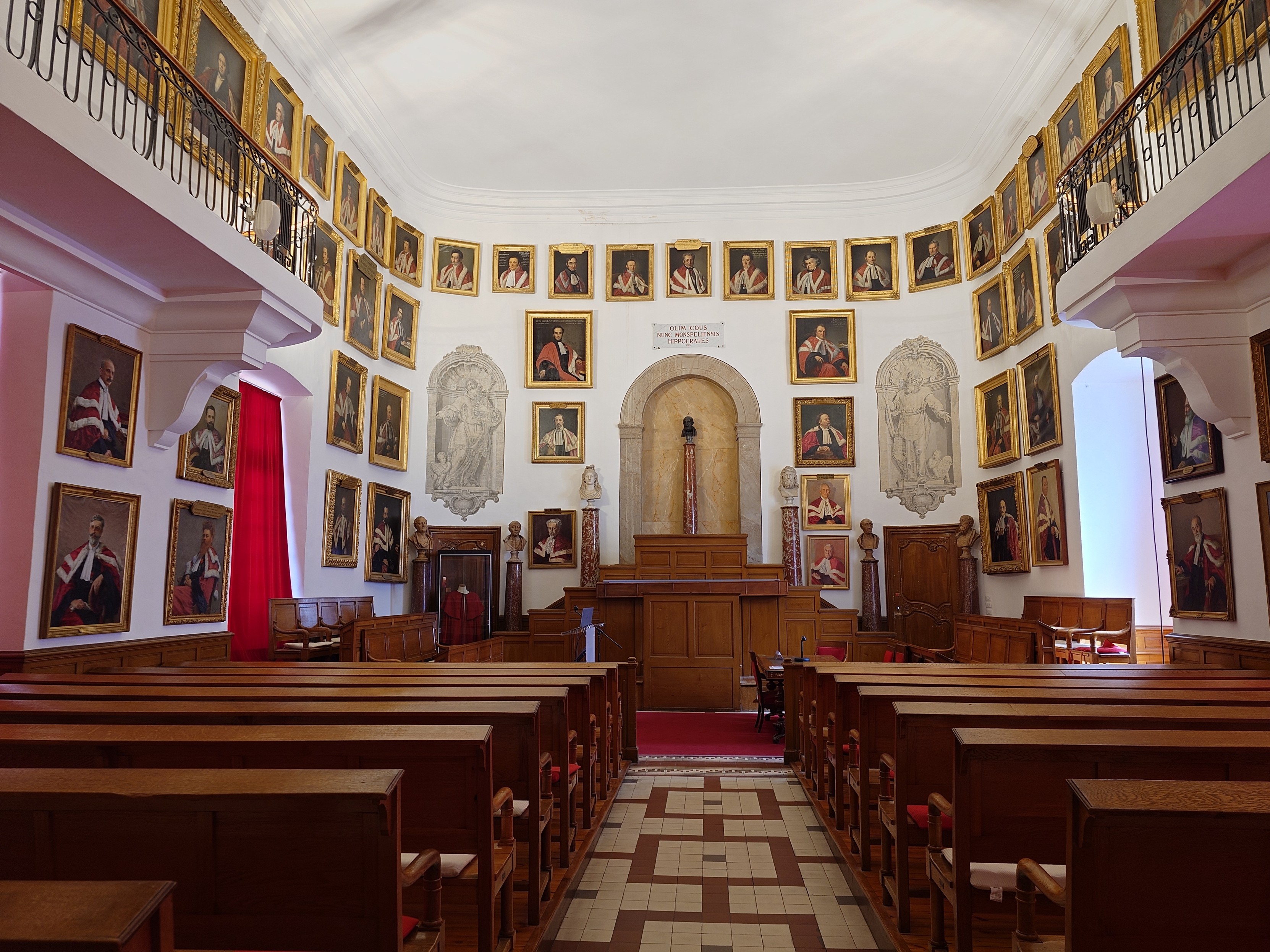 Une grande salle ornée, recouverte avec plein de portrait de medecins hommes. Elle est organisée comme une église avec des bancs en bois à gauche et à droite.

Au fond on y trouve des sortes d'autel en bois où l'orateurice va présider la séance.