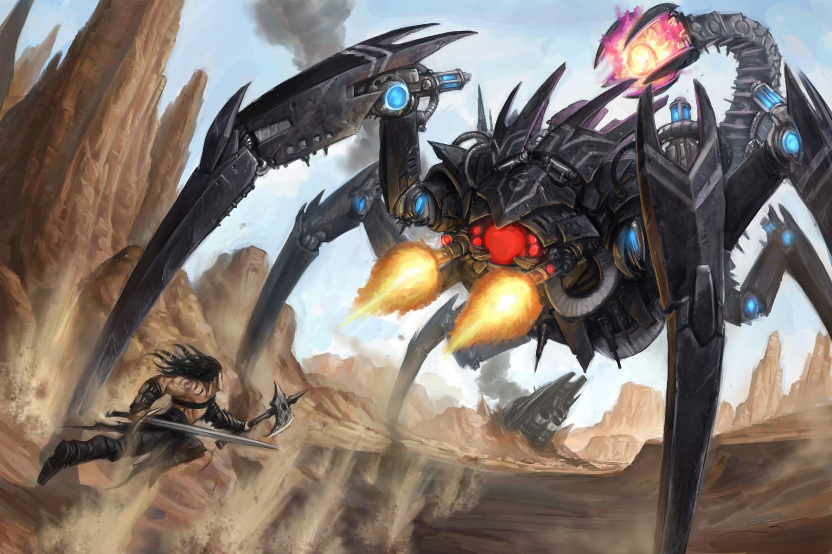 A barbarian charges a giant robot scorpion, which is firing guns on the barbarian