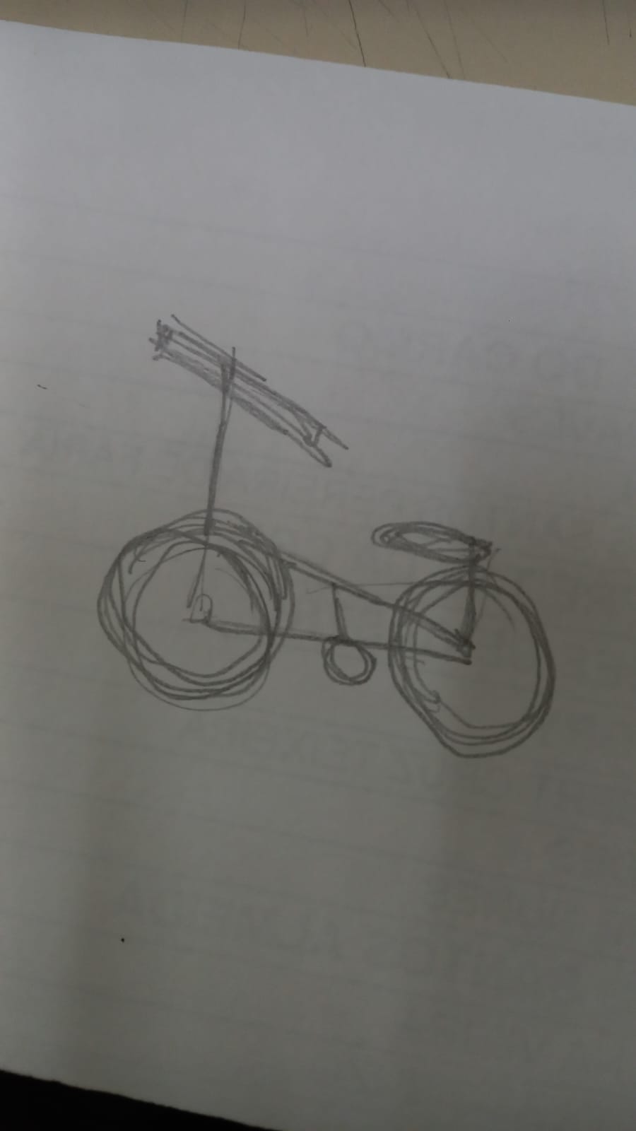 Black bike, with seat, handlebar and the chain's wheel, on white background drawn with pencil on paper