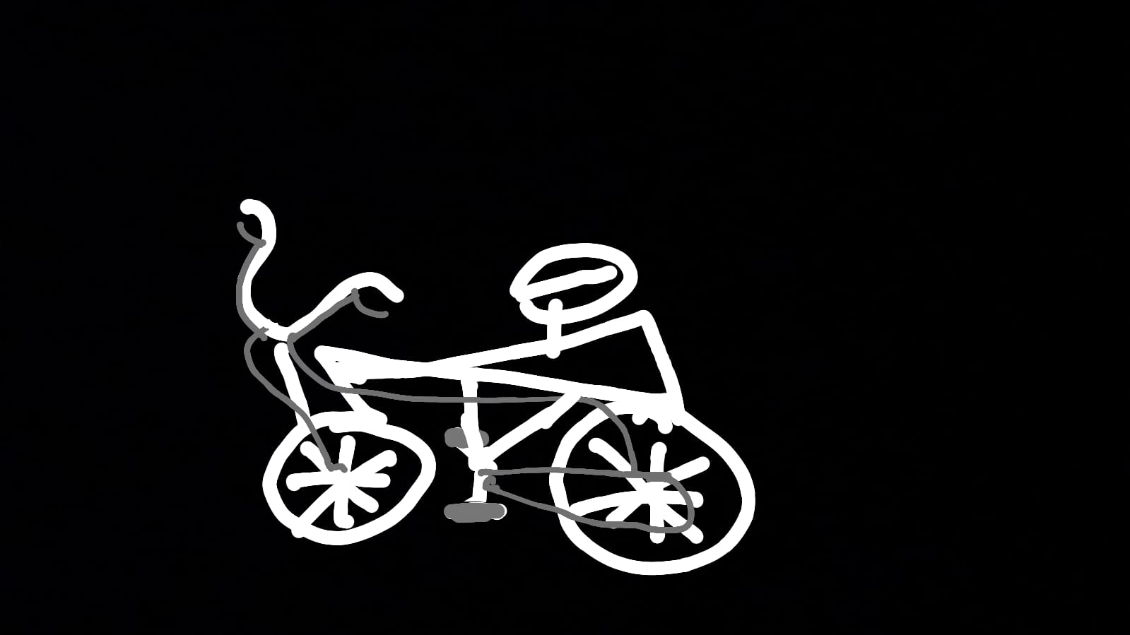 Digitally drawn white bike drawn on black background, with chain, handlebar, breaks, seat and pedals