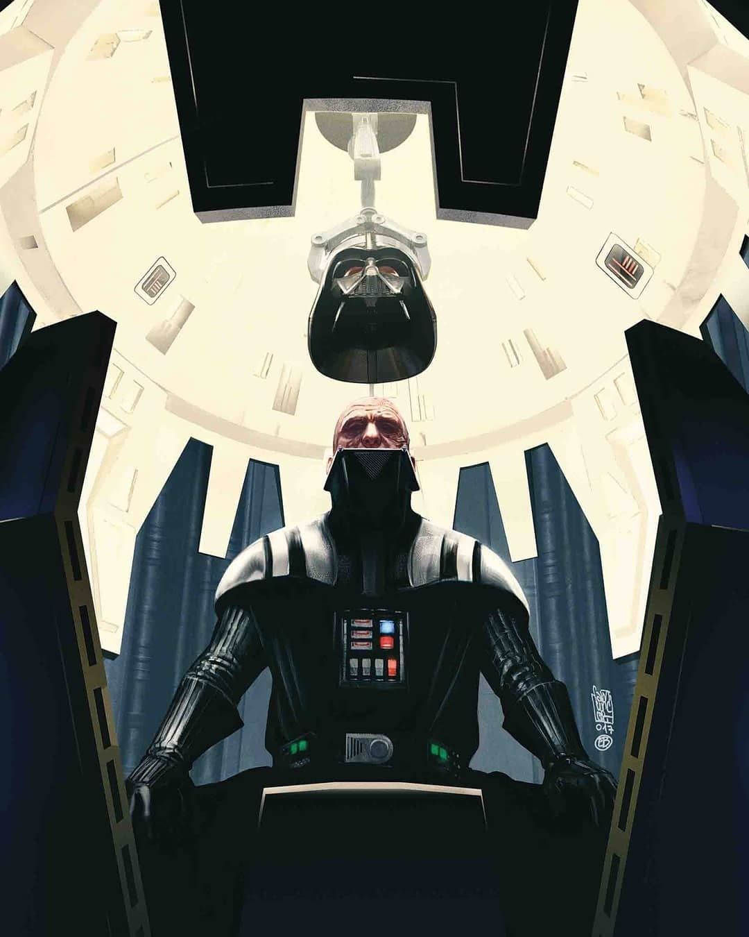 Darth Vader in his meditation chamber. His helmet is being put on by a mechanial arm.