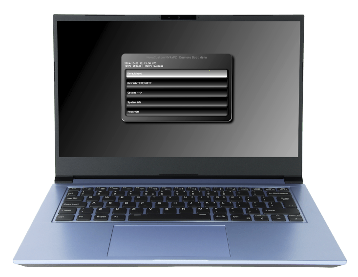 Photo of a laptop showing the Dashero Boot Menu, running Heads