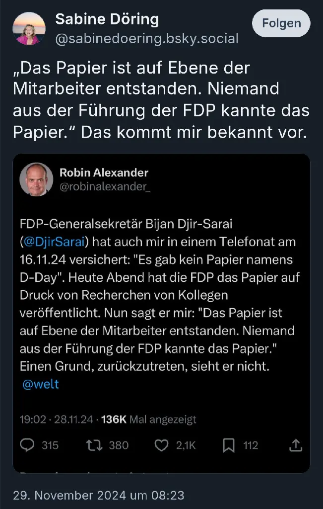 Sabine Döring: „Das Papier ist auf Ebene der Mitarbeiter entstanden. Niemand aus der Führung der FDP kannte das Papier.&quot; Das kommt mir bekannt vor.