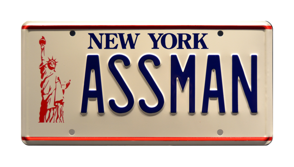 New york license plate that says “assman”