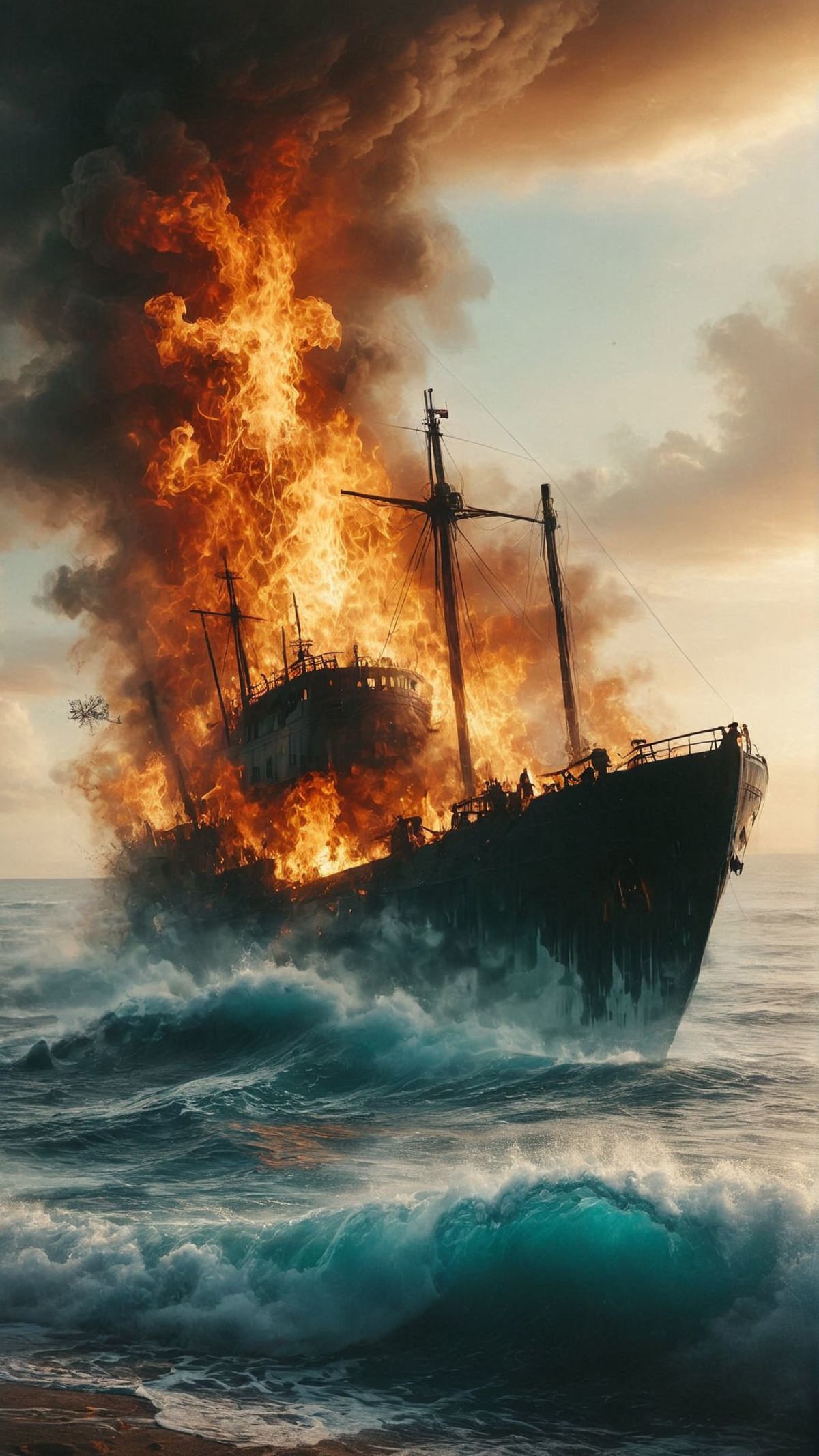 A large ship engulfed in fierce flames while adrift on the ocean. The fire is billowing thick smoke into the sky, blending with the clouds above.