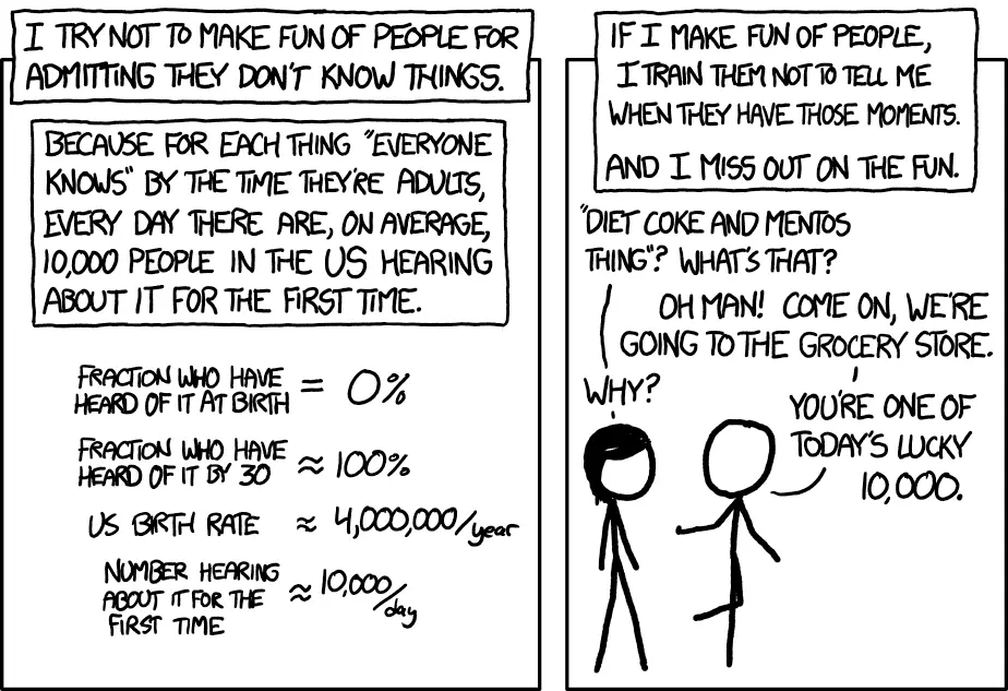 Panel 1: I try not to make fun of people for admitting they don&#39;t know things. Because for each &#39;thing&#39; everyone knows by the time they&#39;re adults, every day there are, on average 10,000 people in the U.S. hearing about it for the first time. Fraction who have heard of it at birth: 0%. Fraction who have heard it by 30 ≈ 100%. U.S. Birth rate ≈ 4,000,000/year. Number hearing about it for the first time ≈ 10,000 a day. Panel 2: If I make fun of people I train them not to tell me when they have these moments. And I miss out on the fun. P1: Diet coke and mentos thing? What&#39;s that? P2: Oh man! Come on we&#39;re going to the grocery store. P1: Why? P2: You&#39;re one of today&#39;s lucky 10,000.