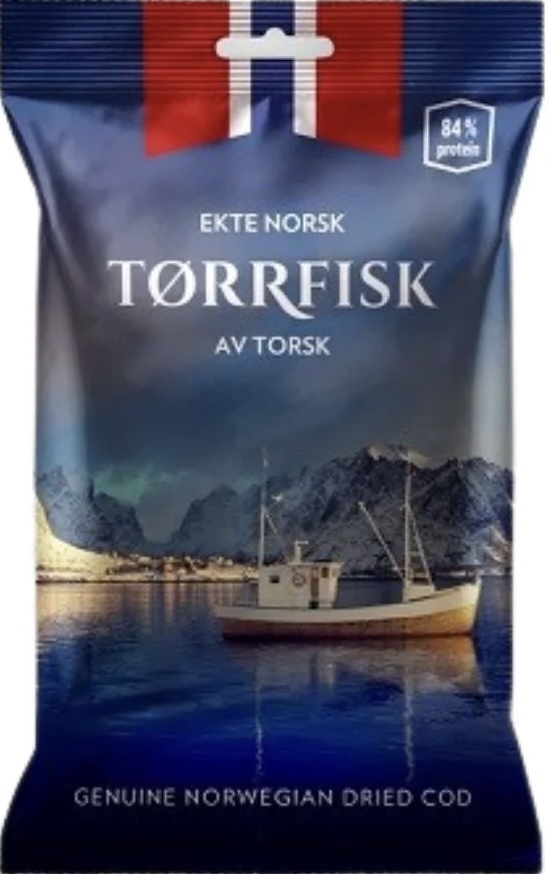 bag of Tørrfisk, a dried fish snack from Norway