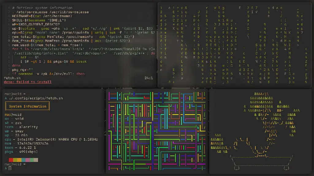 NeoVim in .sh, cmatrix, fetch.sh, cpipes, cbonsa